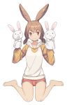  1girl animal_ears bare_legs barefoot brown_hair bunny_ears commentary eyebrows_visible_through_hair full_body hand_puppet hands_up hood hood_down hoodie long_sleeves looking_at_viewer low_twintails medium_hair original puppet red_shorts saiste short_shorts shorts simple_background sitting smile solo symbol_commentary twintails wariza white_background 