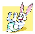  2018 3_toes 4_fingers anthro diaper eyewear fingers fur glasses grabbing_legs green_eyes hi_res lagomorph leporid long_ears male mammal myoti open_mouth pink_nose rabbit solo toes white_body white_fur 