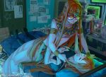  2girls bed bracelet brown_hair closed_eyes computer dress dual_persona egyptian_clothes glasses glowing glowing_eyes highres jack_frost jewelry long_hair looking_at_viewer multiple_girls parted_lips persona persona_5 reveriesky room sakura_futaba shadow_futaba sleeping tears tiara very_long_hair yellow_eyes 