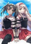  2girls grey_hair hair_ribbon hairband hakama_skirt highres holding_hands japanese_clothes kantai_collection long_hair multiple_girls muneate photoshop_(medium) ribbon shoukaku_(kantai_collection) skirt tendou_itsuki thighhighs twintails white_hair yellow_eyes yuri zuikaku_(kantai_collection) 