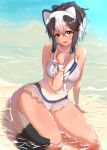  1girl akaisuto animal_ears beach bikini black_hair bow breasts collarbone extra_ears eyebrows_visible_through_hair fang full_body hair_between_eyes hair_bow hand_up high_ponytail highres kemono_friends leaning_to_the_side looking_at_viewer medium_breasts medium_hair multicolored_hair navel open_mouth raccoon_ears raccoon_tail sand seiza sidelocks sitting smile solo stomach swimsuit tail tan tanline tanuki_(kemono_friends) two-tone_hair water wet white_hair yellow_eyes 
