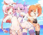  3girls animal_hat bikini black_legwear blush bunny_hat bunny_tail hat kyouka_(princess_connect!) matatabi_(2ccp) mimi_(princess_connect!) misogi_(princess_connect!) multiple_girls one_eye_closed orange_hair pink_hair pink_legwear pointy_ears princess_connect! princess_connect!_re:dive purple_eyes purple_hair purple_legwear side-tie_bikini side_ponytail swimsuit tail thighhighs untying yellow_eyes 