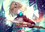  1girl belt blonde_hair blurry blurry_background book building clock clock_tower cloud cloudy_sky english_text fingernails hair_ornament highres holding holding_sword holding_weapon kusano_shinta open_mouth orange_eyes original outdoors short_hair sky solo sword tower weapon 