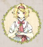  1girl album_cover alice_margatroid antenna_hair blonde_hair blue_dress blush clover clover_(flower) commentary_request cover dress flower four-leaf_clover frame frilled_hairband frills hairband holding looking_at_viewer red_hairband red_neckwear shirt short_hair short_sleeves smile solo striped takanashi_minato touhou upper_body white_shirt 
