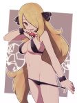  1girl bangs bikini bikini_pull black_bikini blonde_hair breasts cleavage commentary fur_collar fur_cuffs grey_eyes hair_ornament hair_over_one_eye hand_up highres holding holding_poke_ball lamb-oic029 long_hair navel open_mouth outline poke_ball poke_ball_(basic) pokemon pokemon_(game) pokemon_dppt shiny shiny_hair shirona_(pokemon) sideboob solo swimsuit two-tone_background very_long_hair white_outline 