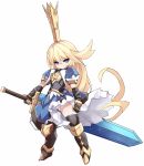  1girl armor blonde_hair blue_eyes charlotta_fenia closed_mouth commentary_request crown eyebrows_visible_through_hair full_body gauntlets granblue_fantasy hair_between_eyes highres holding holding_sword holding_weapon karukan_(monjya) long_hair looking_at_viewer simple_background solo standing sword thighs very_long_hair weapon white_background 