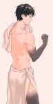  1boy back biceps black_hair brown_eyes clenched_hand hair_down highres looking_down louise_(fndlwm) male_focus naked_towel natsuki_subaru parted_lips pink_background profile re:zero_kara_hajimeru_isekai_seikatsu scar short_hair simple_background solo standing stomach_scar towel towel_around_neck veins white_background 