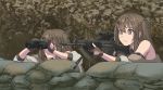  2girls aiming binoculars bipod brown_eyes brown_hair daewoo_k2 dress fingerless_gloves girls_frontline gloves hair_ornament hairclip k-2_(girls_frontline) long_hair multiple_girls parody sandbag scope strapless strapless_dress tab_(tabkun) train_to_busan 