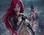  blood blue_eyes breasts cropped katarina knife league_of_legends long_hair navel nipples open_shirt realistic red_hair sword tattoo weapon zarory 