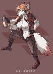  absurd_res alcohol arctic_fox athletic beverage big_breasts breasts canid canine clothing crop_top drinking exposed_breasts female fox fur fyixen genitals hi_res mammal midriff orange_body orange_fur pilot pinup pinup_pose pose pussy sedona_(fyixen) shirt solo topwear white_body white_fur 