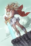  1girl blonde_hair blue_eyes cape cliff cloud farawaygalaxy1 full_body hair_blowing headwear highres holding holding_sword holding_weapon long_hair muscle muscular_female red_cape she-ra she-ra_and_the_princesses_of_power shorts shorts_under_skirt sky solo sword weapon 