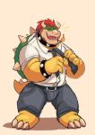  anthro bowser bracelet business_suit claws clothed clothing collar dress_shirt eyebrows eyes_closed fire formal_clothing formal_wear fully_clothed hair horn jewelry koopa male mario_bros necktie nintendo open_mouth red_hair reptile scalie shell shirt smile solo spiked_bracelet spiked_collar spiked_shell spikes suit thick_eyebrows topwear video_games vitashi 