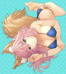  1girl animal_ear_fluff animal_ears bangs bare_shoulders bikini blue_background blue_bikini breasts cleavage collarbone fate/grand_order fate_(series) fox_ears fox_girl fox_tail highres kobaji large_breasts long_hair looking_at_viewer lying on_side pink_hair smile swimsuit tail tamamo_(fate)_(all) tamamo_no_mae_(swimsuit_lancer)_(fate) thighs yellow_eyes 