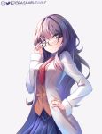  1girl adjusting_eyewear artist_name blue_skirt brown_hair brown_vest cowboy_shot futaba_rio glasses hand_on_hip highres instagram_logo labcoat long_hair looking_at_viewer necktie peaceablecolt pleated_skirt red_neckwear seishun_buta_yarou semi-rimless_eyewear skirt solo twitter_logo vest white_background 