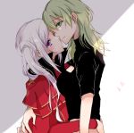  2girls arms_around_waist bangs black_shirt byleth_(fire_emblem) byleth_(fire_emblem)_(female) capelet closed_mouth dress edelgard_von_hresvelg fire_emblem fire_emblem:_three_houses green_eyes green_hair grey_background head_tilt hug imminent_kiss long_hair long_sleeves midriff multiple_girls purple_eyes red_capelet red_dress shirt short_sleeves side_ponytail silver_hair sketch smile swept_bangs toujirou two-tone_background upper_body white_background yuri 