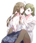  2girls ahoge alternate_hairstyle bare_shoulders blue_skirt blush bra breasts brown_eyes brown_hair cleavage commentary_request earrings green_eyes green_hair hair_down hand_on_another&#039;s_neck holding_hands idolmaster idolmaster_shiny_colors jewelry kuwayama_chiyuki long_hair long_skirt looking_at_another looking_to_the_side multiple_girls nanakusa_hazuki off_shoulder open_bra open_clothes open_shirt pantyhose profile romi_(346_ura) shirt_pull simple_background sitting skirt sweat underwear undressing undressing_another wavy_mouth white_background yuri 
