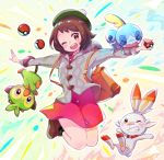  1girl backpack bag bangs blush boots brown_eyes brown_footwear brown_hair cardigan chaimo_box commentary_request dress gen_8_pokemon green_headwear green_legwear grey_cardigan grookey hat highres holding holding_poke_ball long_sleeves open_mouth outstretched_arms pink_dress poke_ball poke_ball_(basic) pokemon pokemon_(creature) pokemon_(game) pokemon_on_arm pokemon_swsh scorbunny short_hair smile sobble socks starter_pokemon starter_pokemon_trio tam_o&#039;_shanter yuuri_(pokemon) 