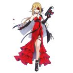  1girl alternate_costume ankle_boots black_footwear black_gloves blonde_hair blue_eyes boots bow breasts choker cleavage dress elbow_gloves eyepatch flower_eyepatch full_body girls_frontline gloves gun hair_between_eyes jacket jacket_on_shoulders long_hair looking_at_viewer low_ponytail official_art petals red_dress rose_petals sa_(h28085) skorpion_(girls_frontline) small_breasts smile solo strapless strapless_dress submachine_gun thigh_strap transparent_background trigger_discipline weapon 