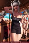  apron big_breasts big_butt bikini breasts butt cleavage clothed clothing demon female hair helltaker hi_res horn horned_humanoid humanoid looking_at_viewer lucifer_(helltaker) luminyu not_furry one-piece_swimsuit red_eyes solo_focus swimwear text url white_hair wide_hips 