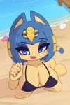  2020 2:3 5_fingers animal_crossing ankha_(animal_crossing) anthro beach big_breasts bikini blue_eyes blue_hair breasts clothed clothing colored_nails digital_media_(artwork) domestic_cat felid feline felis female fingers hair hi_res looking_at_viewer makeup mammal nails nintendo open_mouth open_smile outside pinkcappachino sand seashell seaside shell short_hair smile solo striped_tail stripes swimwear uraeus video_games water 