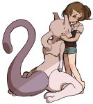  2019 absurd_res ambiguous_gender biped blush brown_eyes brown_hair clothed clothing digital_media_(artwork) duo elaine_(pok&eacute;mon) eyes_closed female hair hi_res human legendary_pok&eacute;mon mammal mewtwo nintendo pok&eacute;mon pok&eacute;mon:_let&#039;s_go pok&eacute;mon_(species) she_tikin simple_background smile standing video_games white_background 