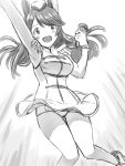  1girl alternate_costume arm_up armpits bangs blush brave_witches dutch_angle epaulettes greyscale hat head_wings highres jumping karibuchi_takami liar_lawyer long_hair microphone monochrome sketch smile solo swept_bangs thighs world_witches_series 