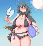  1girl ball beachball bikini black_bikini blue_eyes blue_hair breasts byleth_(fire_emblem) byleth_(fire_emblem)_(female) cleavage closed_mouth dagger fire_emblem fire_emblem:_three_houses fire_emblem_heroes highres holding kittenboogers large_breasts sheath sheathed solo swimsuit weapon 