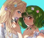  2girls applying_makeup blonde_hair blue_background blue_eyes blue_lipstick from_side green_hair highres lipstick lipstick_tube looking_at_viewer looking_to_the_side macross macross_frontier makeup multiple_girls orange_eyes pink_lipstick pote-mm ranka_lee sheryl_nome short_hair 