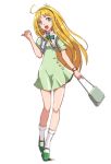  1girl :d alfin bag blonde_hair blue_eyes bow crusher_joe dress earrings full_body green_bow green_dress hairband handbag jewelry kotentsu long_hair open_mouth smile socks solo standing very_long_hair watch white_background wristwatch 