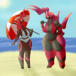  1:1 absurd_res antennae_(anatomy) anthro arthropod beach big_breasts bikini breasts clothing duo female female/female flying_afro hi_res nintendo non-mammal_breasts pok&eacute;mon pok&eacute;mon_(species) sand scolipede seaside swimwear thick_thighs umbrella video_games 