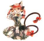  1girl :3 ;p animal_ear_fluff animal_ears bangs bell black_bow blunt_bangs bow braid cat_ears cat_tail commentary_request dress extra_ears frilled_dress frilled_sleeves frills green_dress hair_bow jingle_bell juliet_sleeves kaenbyou_rin konabetate long_hair long_sleeves multiple_tails neck_bell one_eye_closed pointy_ears puffy_sleeves red_bow red_eyes red_hair seiza shiny shiny_hair simple_background sitting solo tail tail_bow tongue tongue_out touhou twin_braids two_tails white_background 
