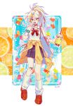  1girl abc22abc aqua_nails bandaid bandaid_on_knee blue_skirt bow bowtie clothes_around_waist cup food fruit full_body gummy_bear hair_between_eyes hair_ornament hairclip highres holding holding_cup long_hair long_sleeves looking_at_viewer multicolored_hair open_mouth orange orange_footwear orange_hair orange_slice original plaid plaid_skirt pleated_skirt ponytail red_neckwear scrunchie shirt shoes skirt smile socks solo standing sweater_around_waist white_hair white_legwear white_shirt wrist_scrunchie 