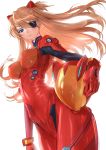  1girl blue_eyes bodysuit breasts eyepatch headwear_removed helmet helmet_removed highres interface_headset long_hair medium_breasts mhk_(mechamania) neon_genesis_evangelion nerv number orange_bodysuit orange_hair plugsuit red_bodysuit solo souryuu_asuka_langley tsundere white_background 