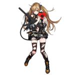  1girl ahoge alternate_costume bangs black_footwear black_legwear black_shorts boots box brown_hair damaged eyebrows_visible_through_hair full_body gift girls_frontline gun h&amp;k_ump hands_up heart-shaped_box heckler_&amp;_koch holding holding_gift infukun long_hair looking_at_viewer official_art open_mouth red_eyes short_shorts shorts sidelocks solo standing striped striped_sweater submachine_gun sweater teeth thighhighs torn_clothes torn_legwear torn_shorts transparent_background twintails ump9_(girls_frontline) valentine weapon 