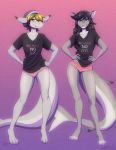  anthro beanie_hat black_hair bottomless catfish clothed clothing cocky_smile dipstick_ears duo ear_piercing female fin fish flat_chested graphic_tee hair hands_on_hips inner_ear_fluff looking_at_viewer marine mbielu multicolored_ears panties piercing pinup pose purple_background shark shirt simple_background smile smirk standing t-shirt tail_fin text text_on_shirt toeless_(marking) topwear tuft underwear whisky_catfish yellow_eyes 