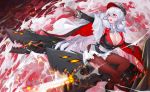  1girl absurdres aircraft azur_lane bangs beam black_footwear black_jacket blood blood_on_face bra bra_peek breasts brown_gloves brown_legwear buttons cape chinese_commentary cleavage commentary_request eyebrows_visible_through_hair facial_scar full_body fur-trimmed_cape fur_trim gloves graf_zeppelin_(azur_lane) hair_between_eyes hat high_heels highres iron_cross jacket large_breasts long_hair long_sleeves looking_to_the_side military_hat multicolored multicolored_cape multicolored_clothes open_mouth outstretched_arm pantyhose peaked_cap red_background red_eyes rigging scar scar_on_cheek sidelocks silver_hair sitting skirt smoke solo torn_clothes torn_jacket torn_legwear torn_skirt tsumiki_(12756023) underwear uniform very_long_hair white_bra white_skirt 