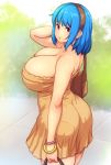  1girl arm_up bag bare_arms bare_shoulders blue_hair bracelet breasts brown_hairband cleavage curvy dress erkaz from_above hairband handbag highres huge_breasts jewelry looking_at_viewer original outdoors pantylines red_eyes rina_atherina strapless strapless_dress thighs yellow_dress 