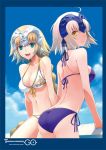  2girls :d ahoge ass bare_shoulders bikini blonde_hair blue_eyes blue_sky breasts cleavage cloud collarbone commentary_request cowboy_shot day fate/grand_order fate_(series) front-tie_bikini front-tie_top grey_hair headpiece jeanne_d&#039;arc_(alter)_(fate) jeanne_d&#039;arc_(fate) jeanne_d&#039;arc_(fate)_(all) large_breasts long_hair looking_at_viewer looking_back multiple_girls open_mouth outdoors purple_bikini shirotsumekusa short_hair side-tie_bikini sky smile swimsuit very_long_hair white_bikini yellow_eyes 