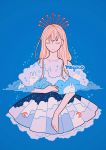  1girl artist_name bangs blonde_hair blue_background bunny closed_eyes cloud cloud_print crescent_moon cropped_torso expressionless long_hair meyoco moon no_nose original simple_background solo sparkle 