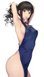  1girl amagami apron armpits arms_up bangs bare_arms bare_shoulders black_hair blue_apron blue_eyes blush breasts closed_mouth commentary_request cowboy_shot drill_hair eyebrows_visible_through_hair hair_tie looking_at_viewer medium_breasts morishima_haruka mouth_hold naked_apron nozomi-y ponytail sidelocks simple_background smile solo thighs tying_hair white_background 
