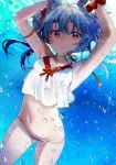  1girl absurdres air_bubble animal_ear_fluff animal_ears arm_strap armpits arms_up bare_shoulders bikini blue_hair breasts bubble bunny_ears freediving halter_top halterneck highres hololive long_hair looking_at_viewer navel orange_eyes scrunchie seicoh small_breasts smile solo stomach string_bikini swimsuit thighs underwater usada_pekora virtual_youtuber water white_bikini wrist_scrunchie 