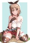  1girl absurdres atelier_(series) atelier_ryza belt breasts brown_belt brown_eyes brown_gloves brown_hair commentary english_commentary gloves hat highres huge_filesize jay87k jewelry leather_belt medium_breasts necklace red_shorts reisalin_stout short_hair short_shorts shorts single_glove sitting star_(symbol) star_necklace thick_thighs thighs wariza white_headwear 