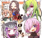  1boy 1other 3girls :d :t ^_^ bangs bare_shoulders black_leotard blue_legwear blush breasts brown_hair closed_eyes closed_mouth collar cup disposable_cup enkidu_(fate/strange_fake) eyebrows_visible_through_hair fate/grand_order fate/strange_fake fate_(series) forehead gloves green_hair green_shirt hair_between_eyes hair_over_one_eye heterochromia holding holding_cup holding_spoon hood hood_up jako_(jakoo21) labcoat large_breasts leonardo_da_vinci_(fate/grand_order) leotard light_brown_hair long_hair looking_at_viewer mash_kyrielight medusa_(lancer)_(fate) multiple_girls open_clothes open_mouth parted_bangs pink_collar pink_hair pleated_skirt ponytail purple_eyes red_eyes red_skirt rider romani_archaman shirt skirt smile sparkle spoon sweat thighhighs translation_request turn_pale white_gloves |_| ||_|| 