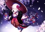  1girl alternate_costume artoria_pendragon_(all) bangs blonde_hair braid breasts cherry_blossoms cleavage collarbone commentary_request dress expressionless eyebrows_visible_through_hair falling_petals fate/stay_night fate_(series) feather_boa floral_print flower french_braid from_above fur_trim hair_between_eyes hair_flower hair_ornament hair_ribbon highres holding holding_umbrella japanese_clothes kimono long_hair long_sleeves looking_at_viewer medium_breasts obi oriental_umbrella pale_skin petals purple_kimono red_flower red_ribbon red_umbrella ribbon saber_alter sandals sash shinooji short_hair silver_hair socks solo standing umbrella white_flower white_legwear wide_sleeves yellow_eyes 