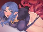  1girl blue_eyes blue_hair blush braid breasts caster dress fate/stay_night fate_(series) hikichi_sakuya large_breasts lipstick long_hair makeup nose_blush open_mouth pointy_ears purple_dress purple_lipstick restrained side_braid solo sweat tentacle_sex tentacles torn_clothes torn_dress 