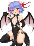  1girl alternate_costume alternate_hairstyle black_legwear black_panties blue_hair breasts bun_cover center_opening china_dress chinese_clothes demon_wings double_bun dress fighting_stance furrowed_eyebrows highres looking_at_viewer open_mouth panties red_eyes remilia_scarlet side-tie_panties simple_background small_breasts solo standing standing_on_one_leg string_panties thighhighs tokoya_(ex-hetare) touhou underwear white_background wings 