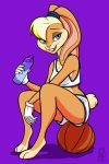  anthro ball barefoot blonde_hair blue_eyes clothing female hair lagomorph leporid lichfang lola_bunny looney_tunes mammal rabbit simple_background sitting solo space_jam warner_brothers 