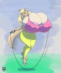  absurd_res anthro areola areola_slip big_breasts breasts canid canine canis cleavage clothed clothing domestic_dog female hi_res huge_breasts hyper hyper_breasts jump_rope mammal nipple_outline open_mouth open_smile smile solo vant_talon 