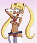  absurd_res anthro blonde_hair canid canine clothing cosplay covering covering_eyes covering_face disney ducktales_(2017) embarrassed female gesture gloves hair handwear hi_res legwear mammal nipples panties sailor_moon_(series) solo tayronnebr thigh_highs underwear v_sign 