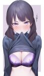 1girl bangs black_hair blush bra breasts cleavage clothes_lift eyes fifty1202 highres large_breasts looking_at_viewer low_twintails mouth_hold original purple_bra purple_eyes solo sweater sweater_lift translation_request twintails underwear upper_body 